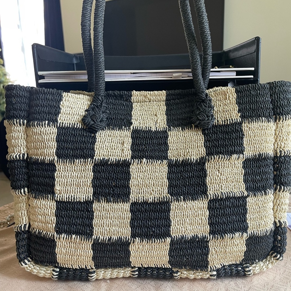 Black and Cream Checkered Tote Bag